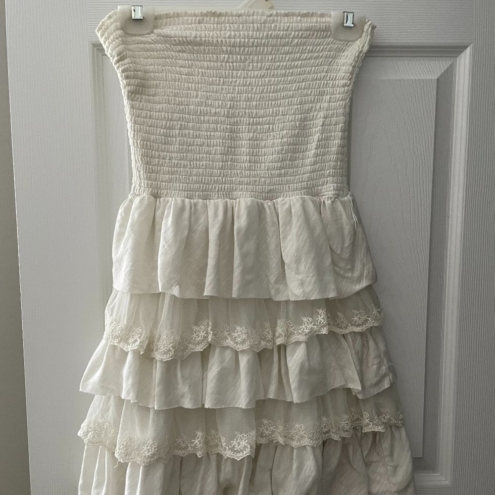 Ruffle, Lace, Crepe Strapless Dress